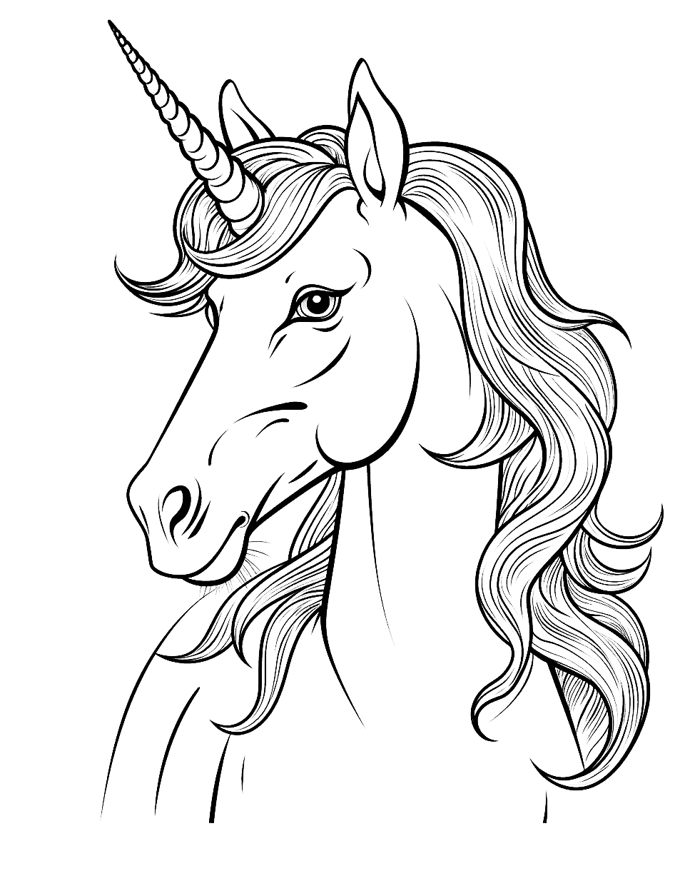 Detailed Unicorn Portrait Coloring Page - An up-close, detailed portrait of a unicorn, emphasizing the eyes, mane, and horn.