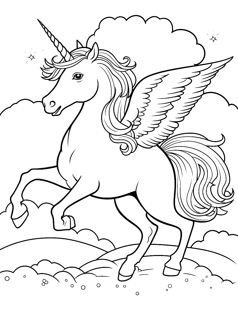 Unicorn Pegasus in Flight Coloring Page - A breathtaking scene featuring a Pegasus unicorn flying over mountains at sunset.
