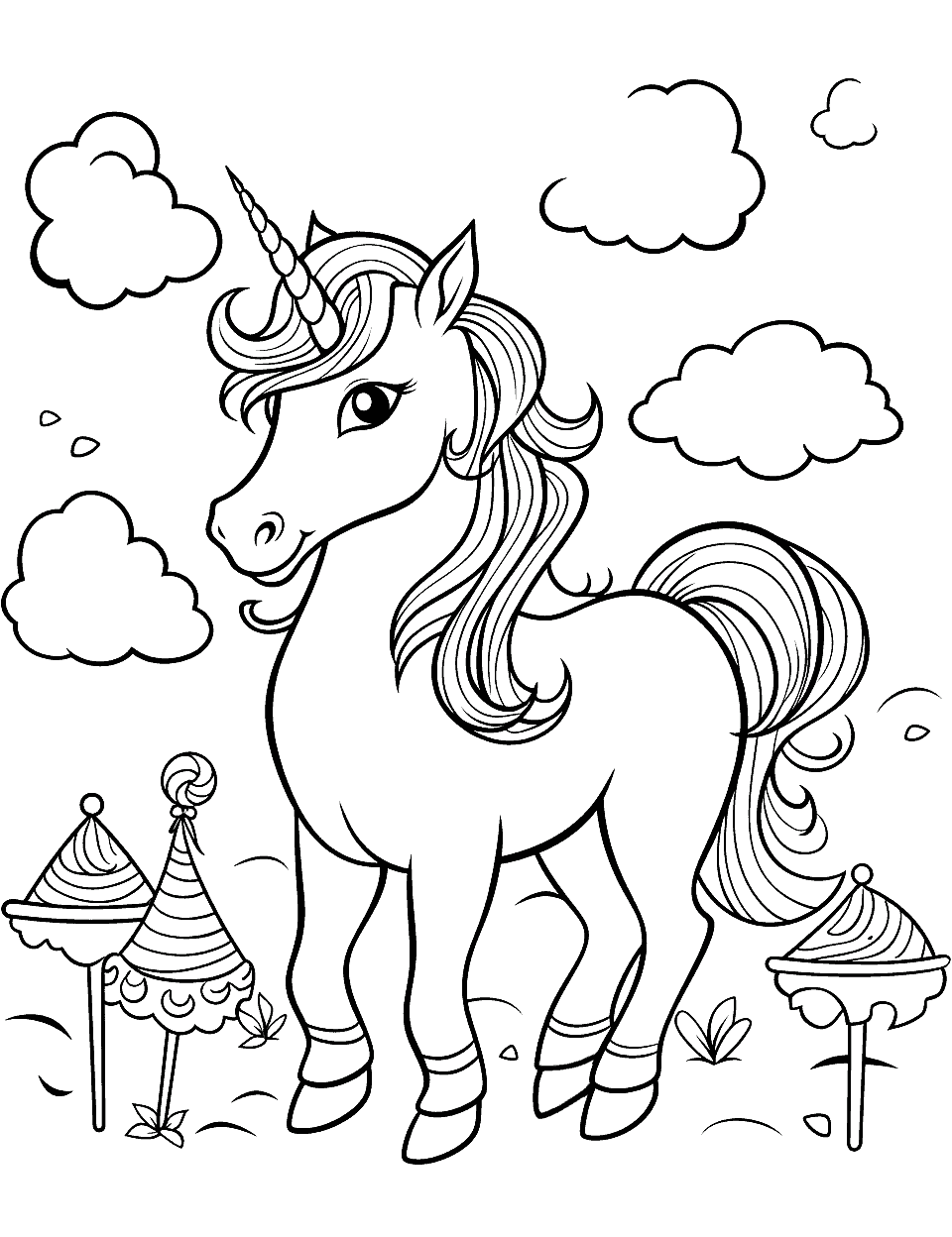 Unicorn In the Clouds Coloring Page - A smiling unicorn standing among the clouds.
