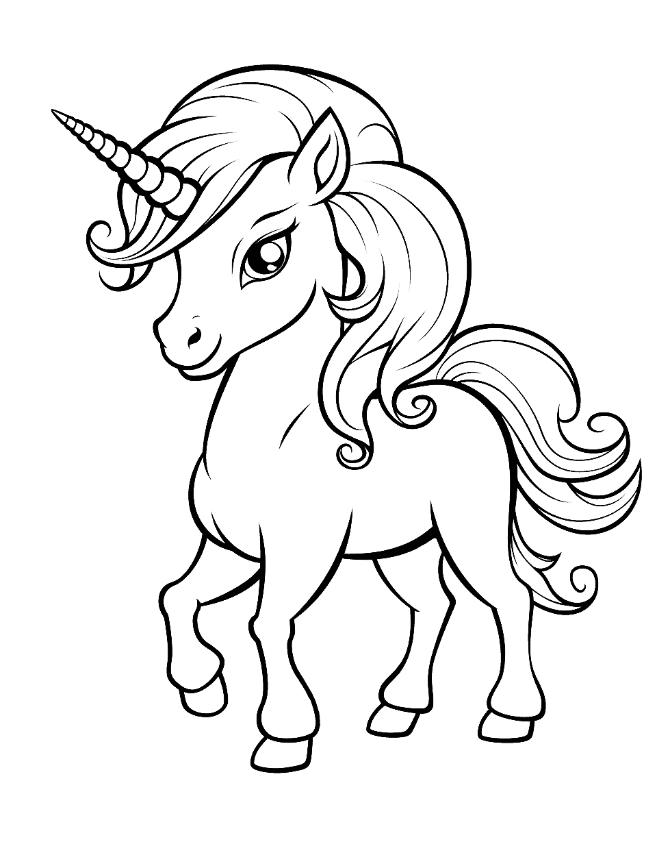 Anime Unicorn Coloring Page - An Anime-styled unicorn, complete with expressive eyes and dynamic positioning, ready for an anime coloring adventure.