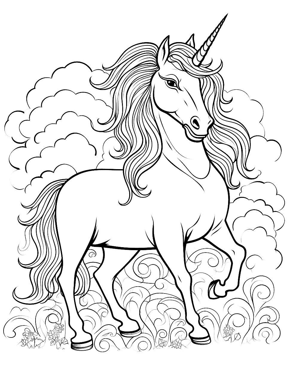 Advanced Unicorn Art Coloring Page - An advanced-level unicorn coloring page featuring a detailed unicorn standing against a majestic, intricate backdrop.