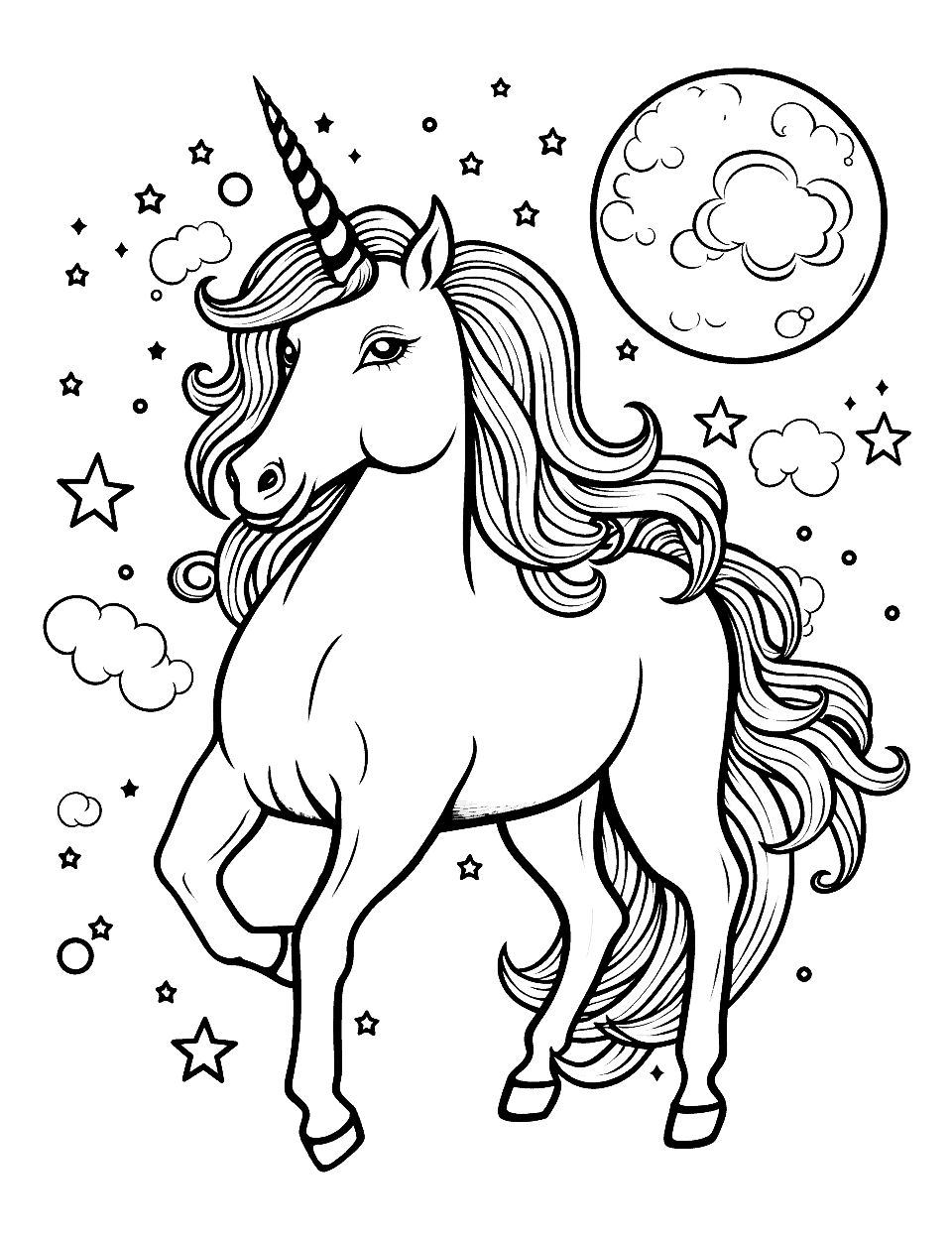 Unicorn in Space Coloring Page - A unique coloring page showcasing a unicorn exploring the cosmos, surrounded by planets and stars.