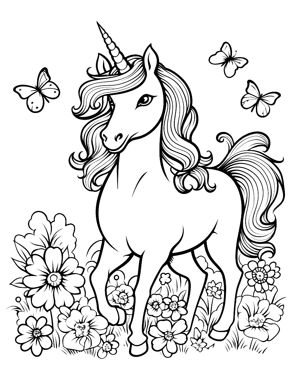 Unicorn with Butterfly Friends Coloring Page - A graceful unicorn in a meadow, surrounded by colorful butterflies and beautiful flowers.