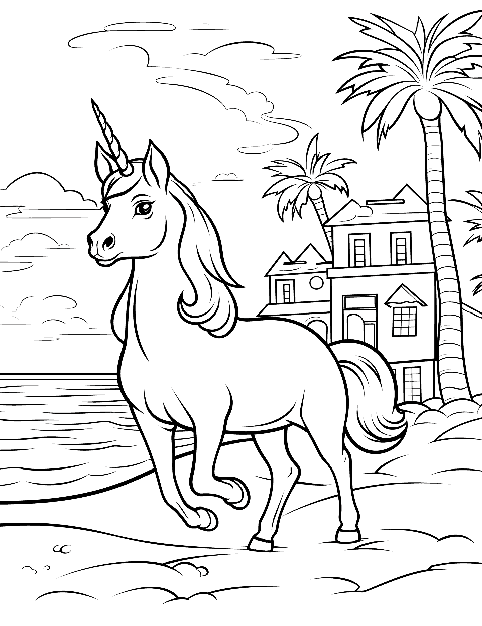 Unicorn at the Beach Coloring Page - A summer-inspired coloring page with a unicorn building sandcastles on the beach, complete with the sea and palm trees.