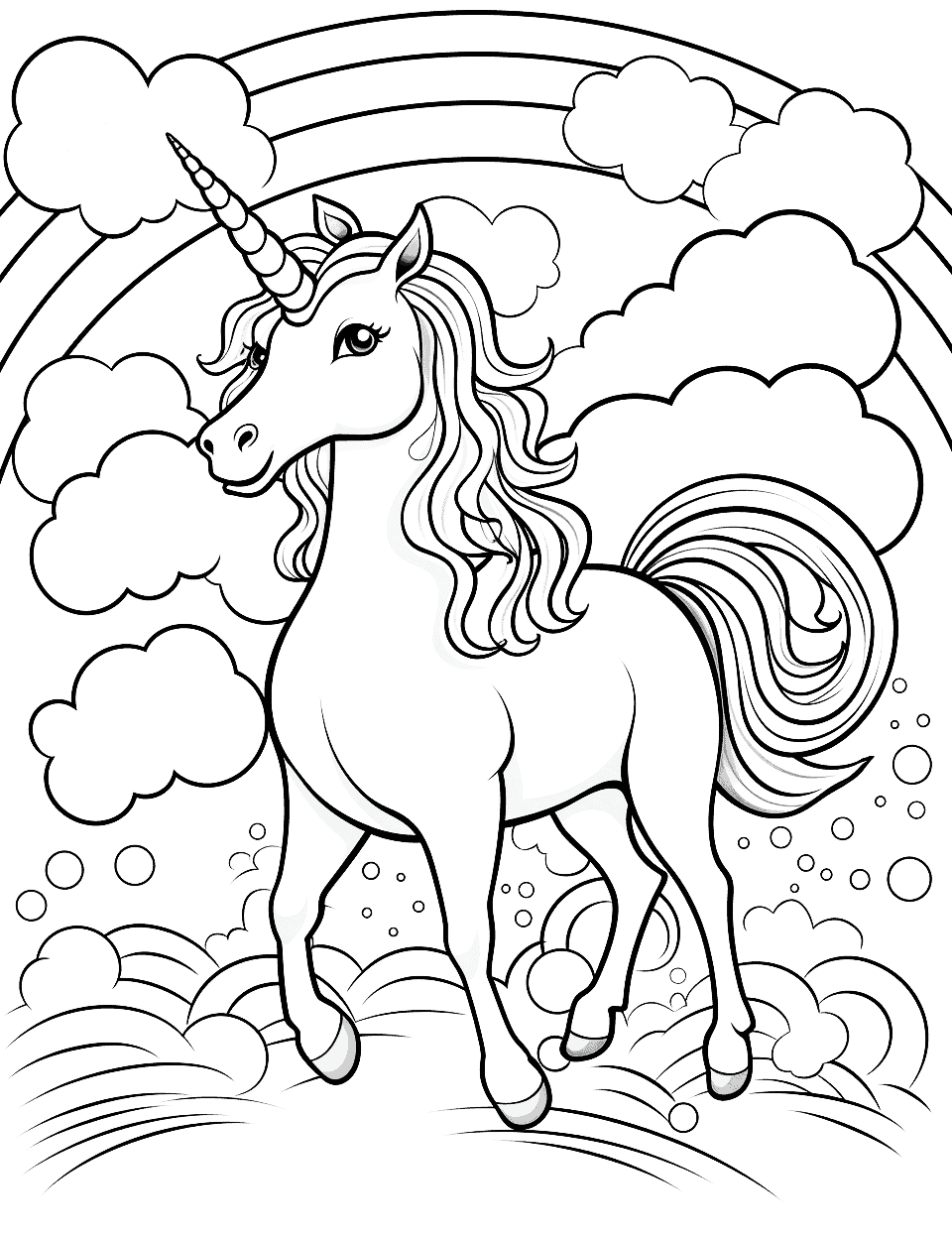 Rainbow Connection Coloring Page - An image of a unicorn leaping across a rainbow in the sky, surrounded by fluffy clouds.
