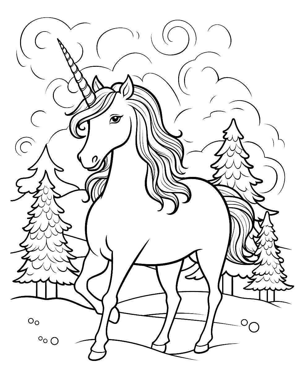 Winter Wonderland Unicorn Coloring Page - A unicorn frolicking in the snow, with a snowy landscape including pines.