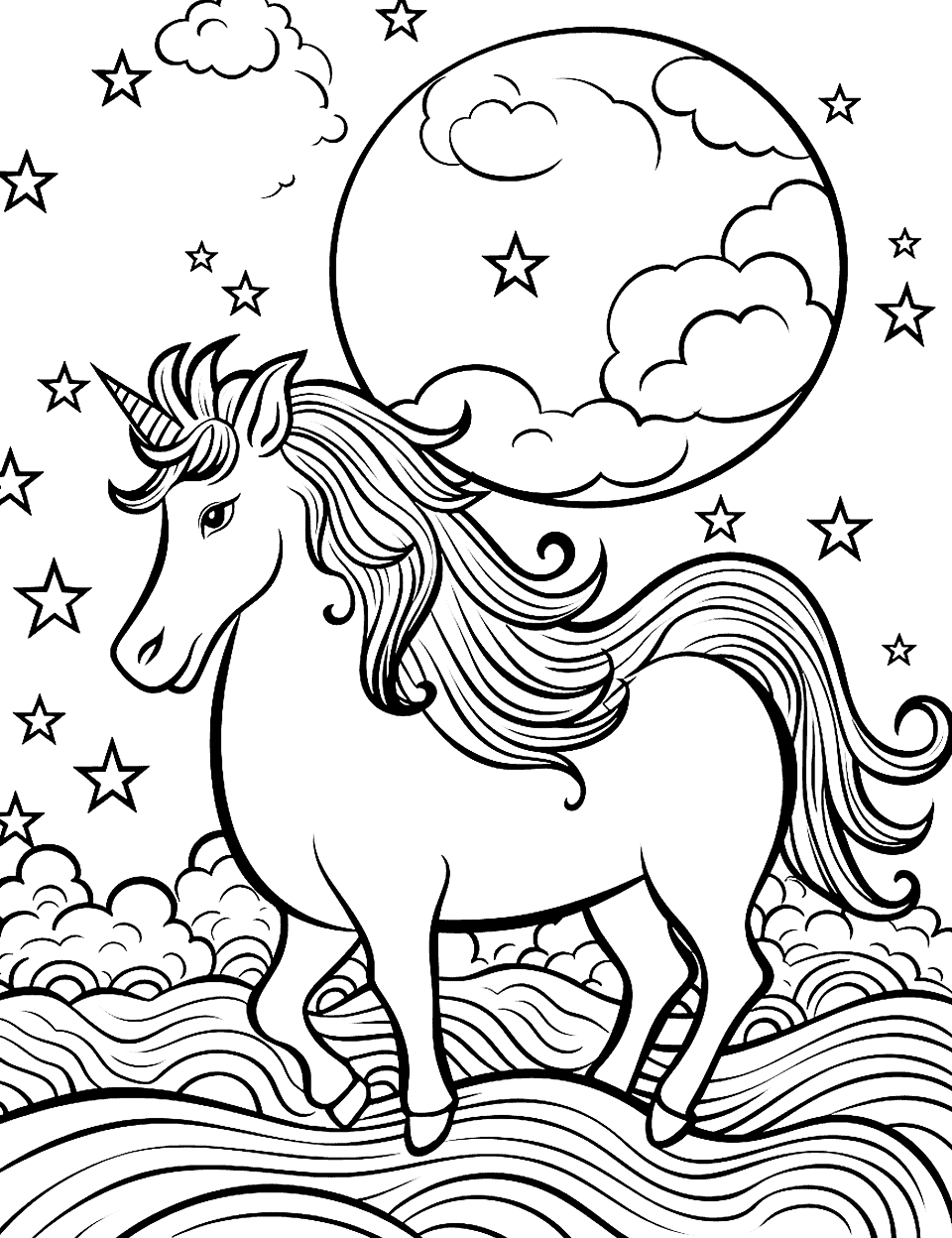 Cloud Nine Unicorn Coloring Page - A celestial scene featuring a unicorn on the cloud, surrounded by stars and galaxies.