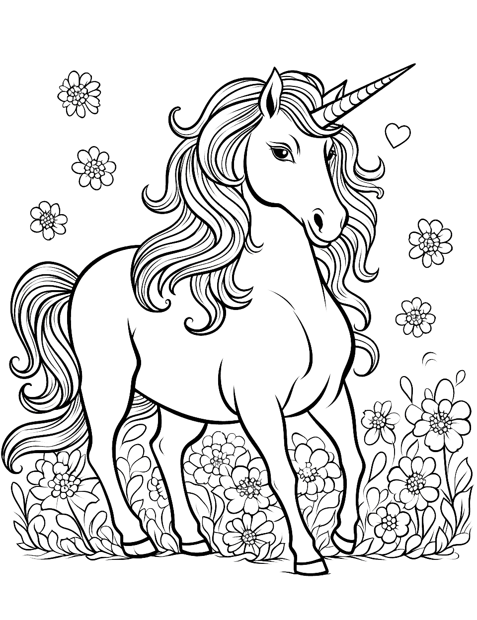 Unicorn Gardening Coloring Page - A unicorn tending to its magical garden full of fantastical plants and flowers.