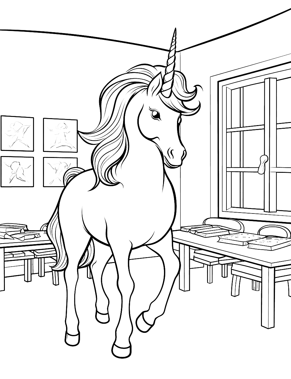 Unicorn at the School Coloring Page - A studious unicorn at school, in the classroom, learning magical spells.