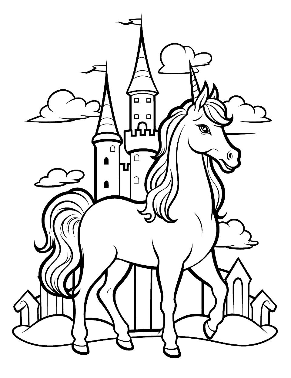 Unicorn and Rainbow Castle Coloring Page - A unicorn in front of a rainbow-colored castle full of colorful towers.