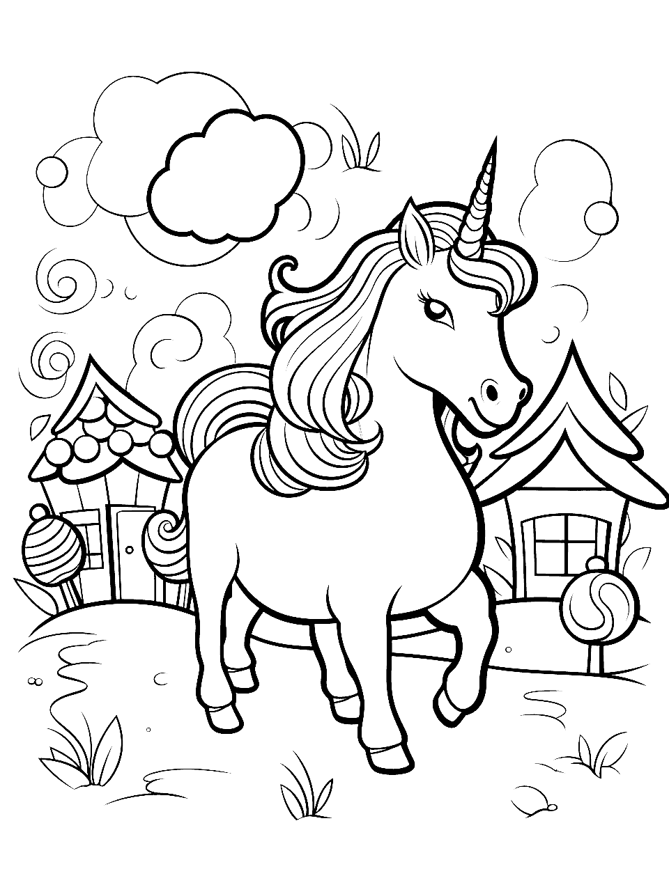 Unicorn and Candy Land Coloring Page - A unicorn prancing around in Candy Land, surrounded by candy canes, lollipops, and gingerbread houses.