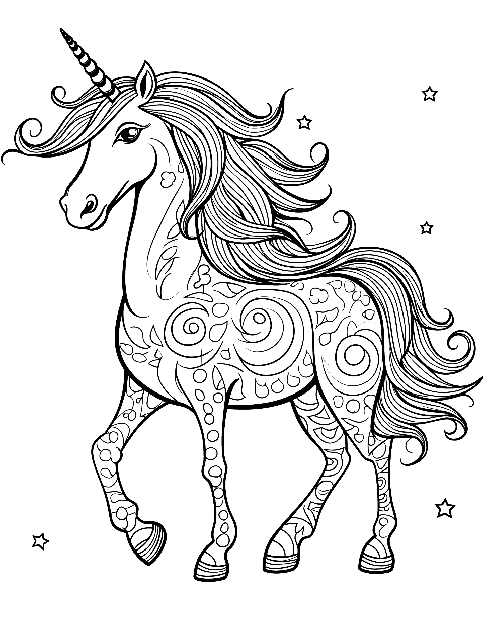 Zentangle Unicorn Coloring Page - A detailed zentangle patterned unicorn, perfect for advanced colorers looking for a challenge.