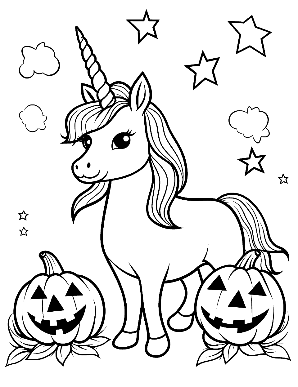 Unicorn and Jack 'O Lantern Coloring Page - A Halloween-themed coloring page featuring a unicorn with a pile of Jack ‘O Lanterns.