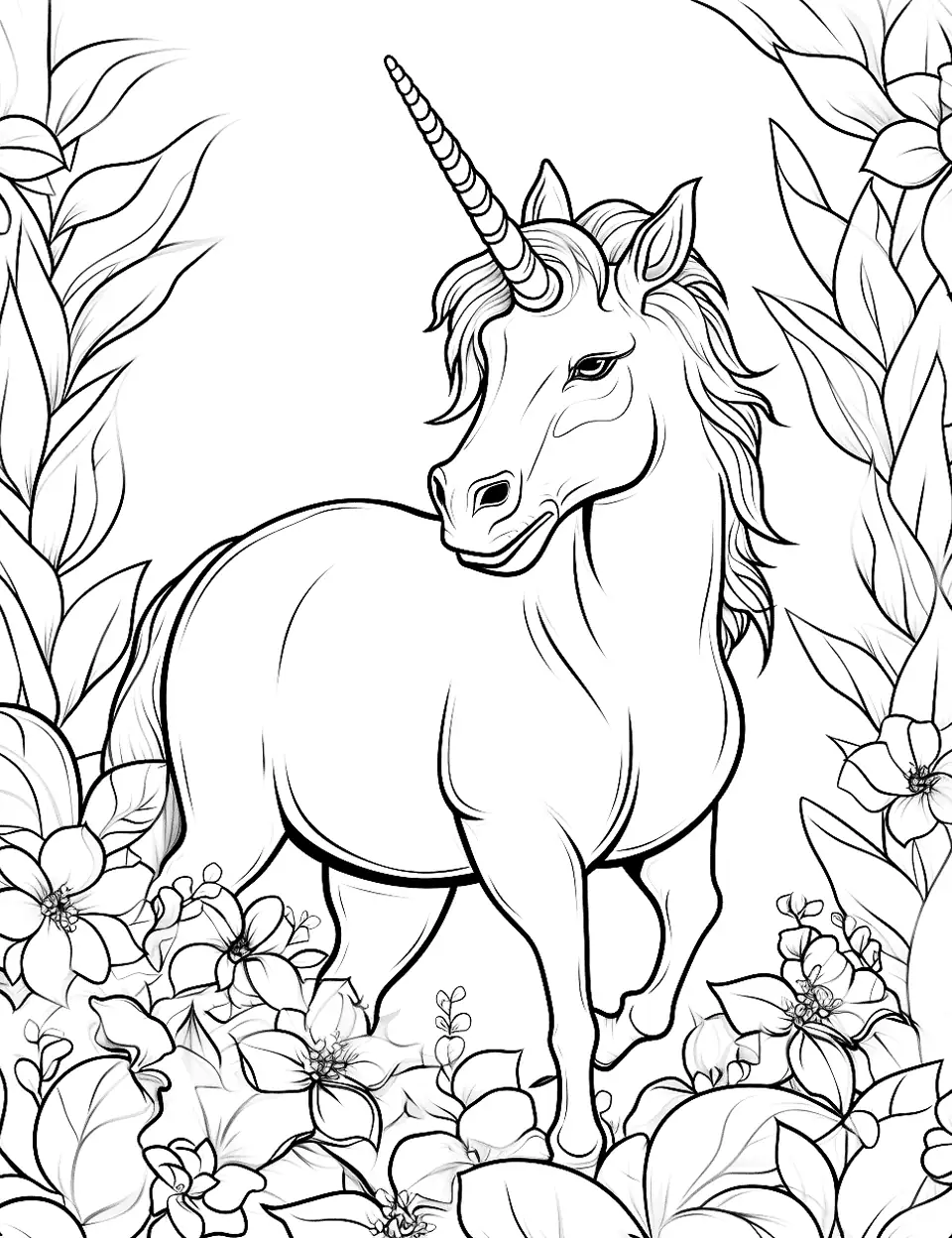 Jungle Unicorn Coloring Page - A unicorn exploring a dense jungle, filled with exotic plants.
