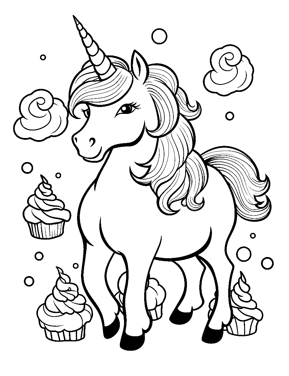 Cupcake Unicorn Coloring Page - A delightful unicorn surrounded by large cupcakes.