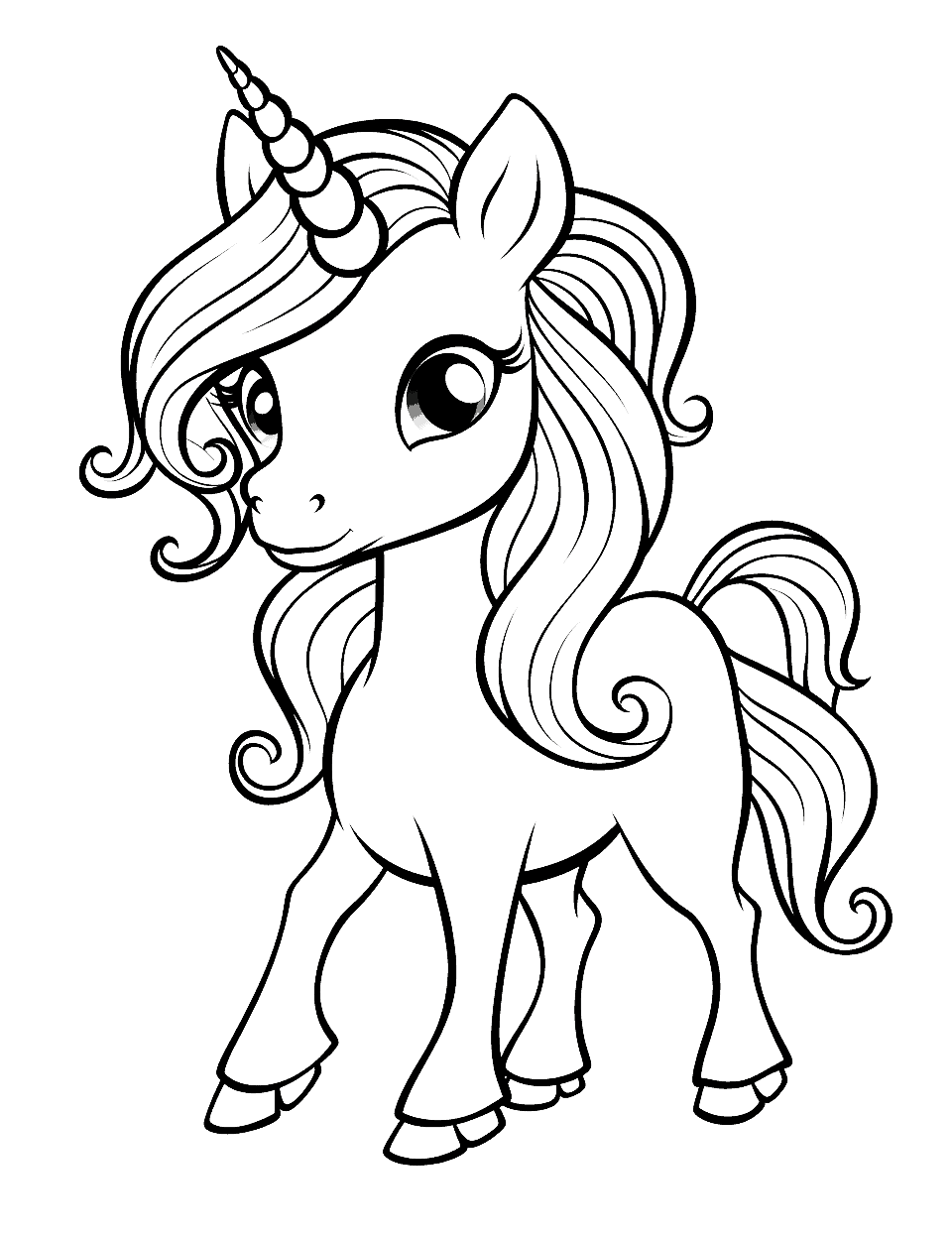 Kawaii Unicorn Coloring Page - A whimsically cute, anime-style unicorn with big, sparkling eyes and a fluffy mane.