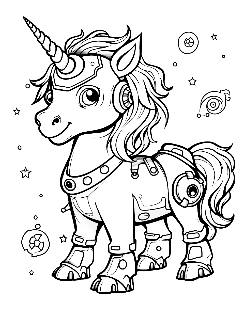 Robot Unicorn Coloring Page - A futuristic scene featuring a robot unicorn, complete with gears and circuits.