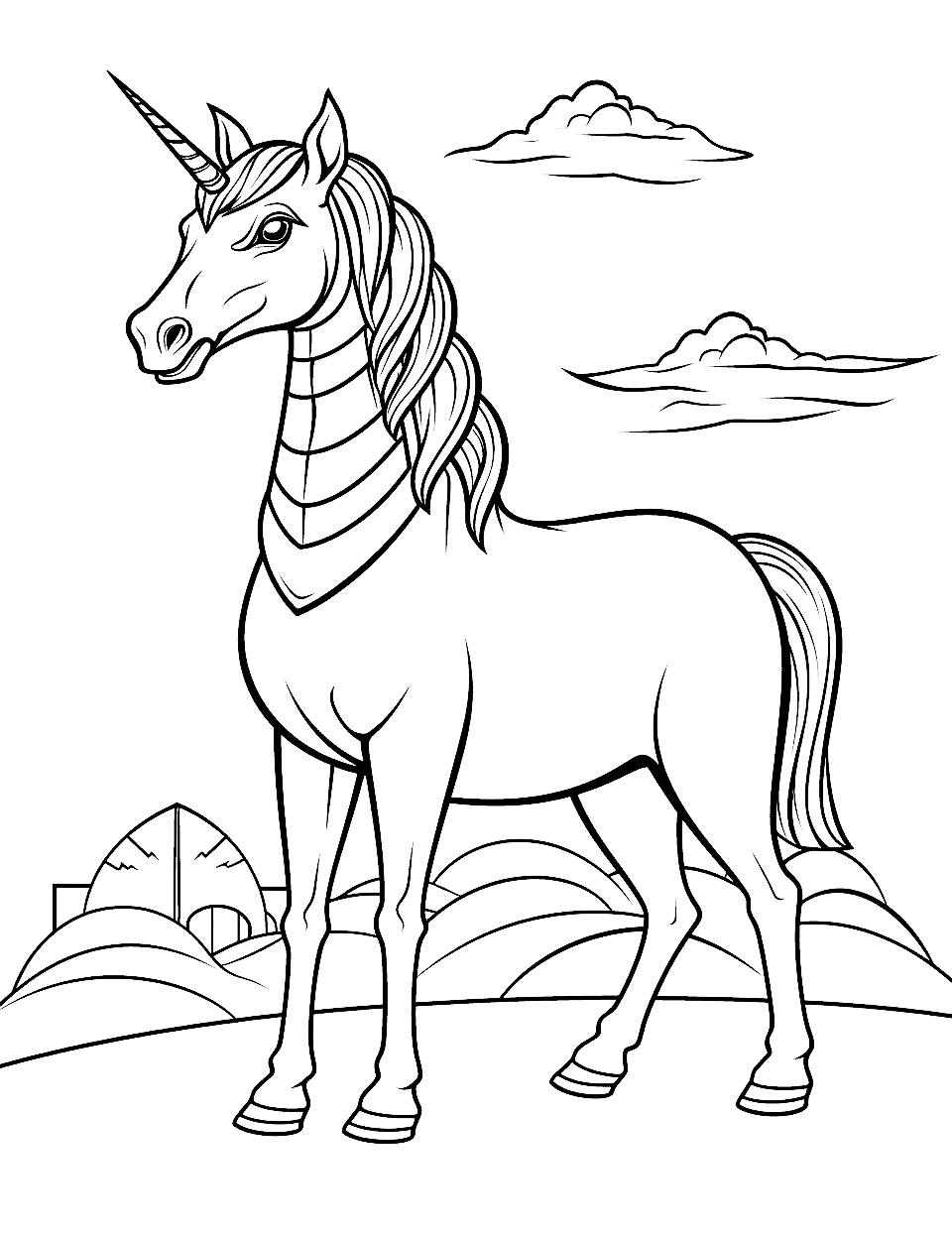 Egyptian Unicorn Coloring Page - A unicorn with an Egyptian-style collar standing in a desert.