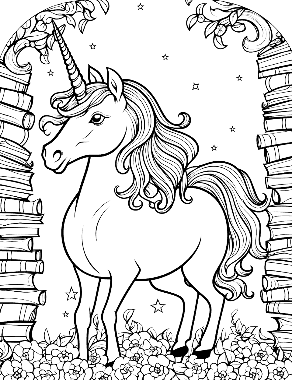 Unicorn in a Magical Library Coloring Page - A unicorn exploring a magical library filled with books.