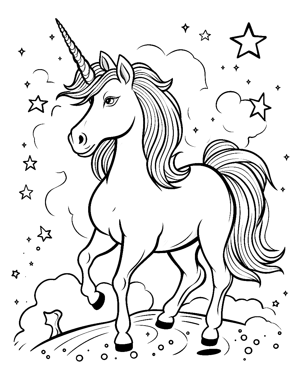 Unicorn and Outer Space Coloring Page - A unicorn astronaut walking on a planet surrounded by stars.