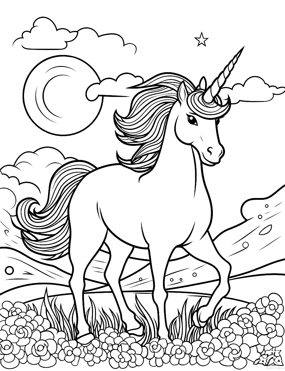 Sunset Unicorn Coloring Page - A tranquil scene of a unicorn against the backdrop of a beautiful sunset.