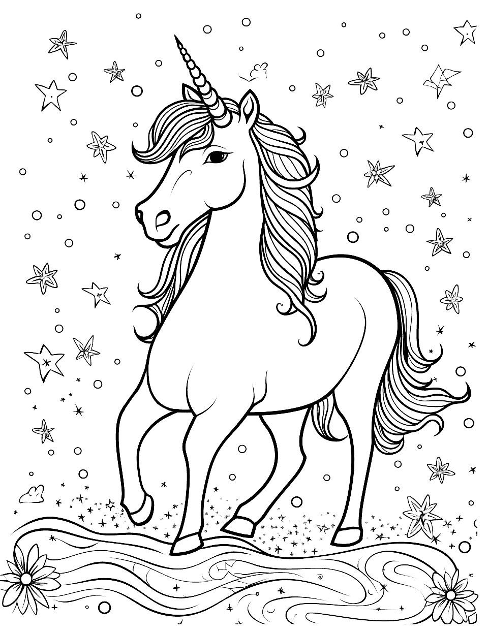 Unicorn and Snowflakes Coloring Page - A winter-themed coloring page with a unicorn under a gentle snowfall, surrounded by detailed snowflakes.