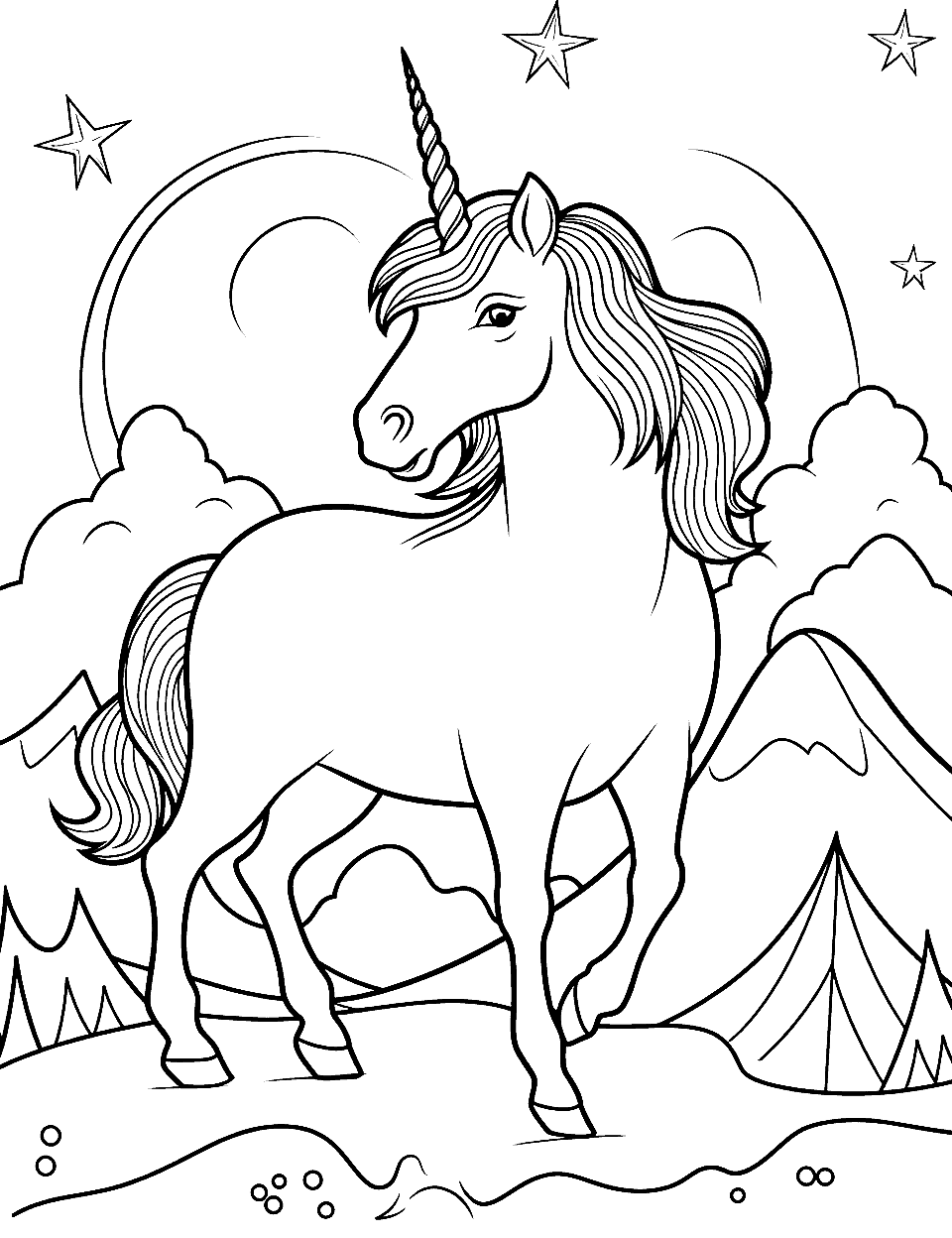 Unicorn and Mountains Coloring Page - A unicorn with large snowy mountains in the background.