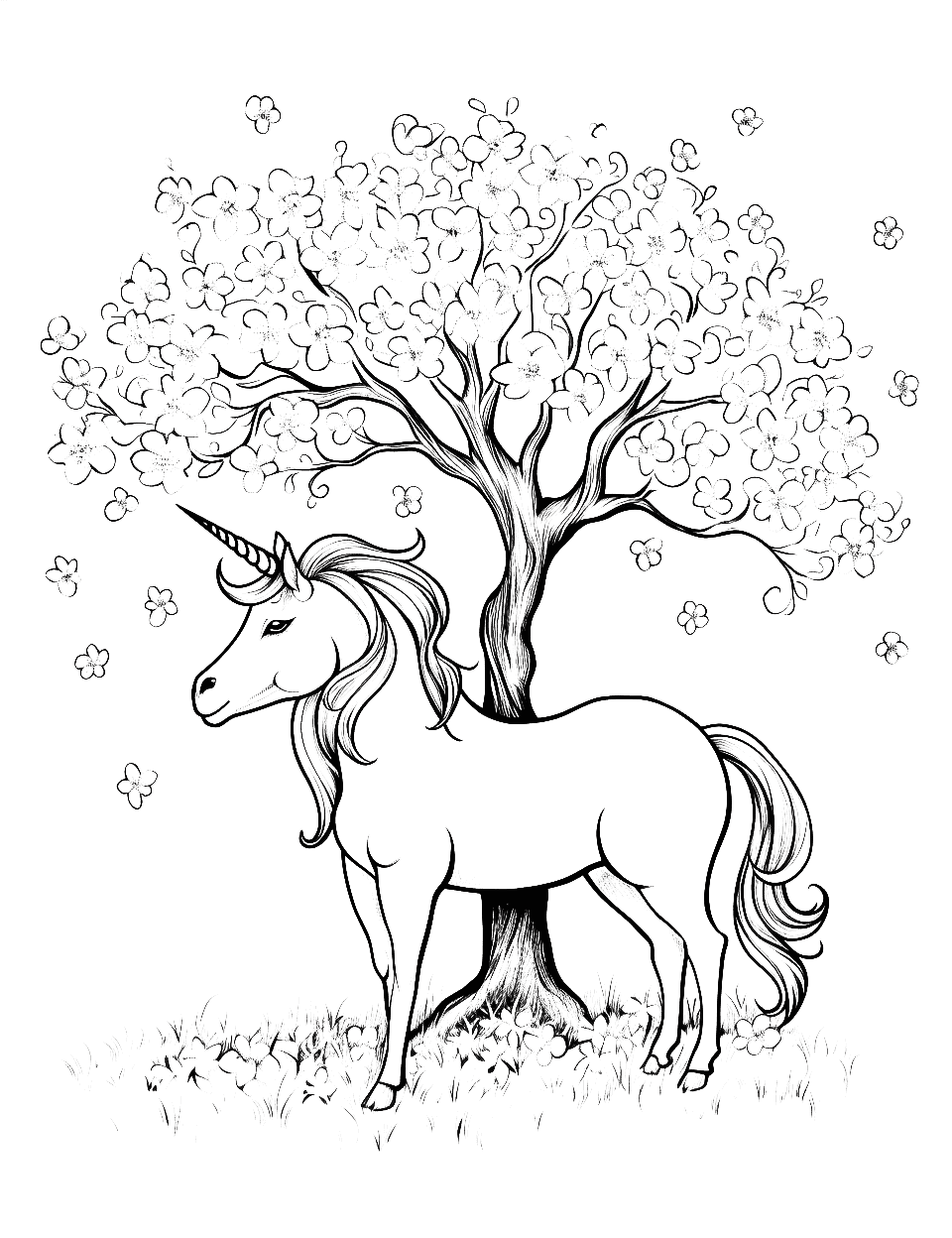 Unicorn and Cherry Blossoms Coloring Page - A unicorn resting under a cherry blossom tree, with petals falling around it.