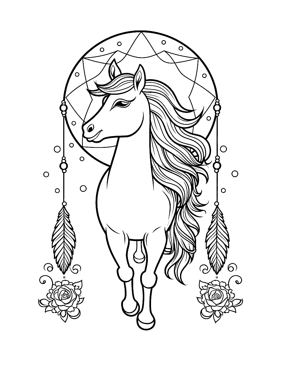 Unicorn Dreamcatcher Coloring Page - A detailed dreamcatcher design with a unicorn in the center, surrounded by feathers and beads.