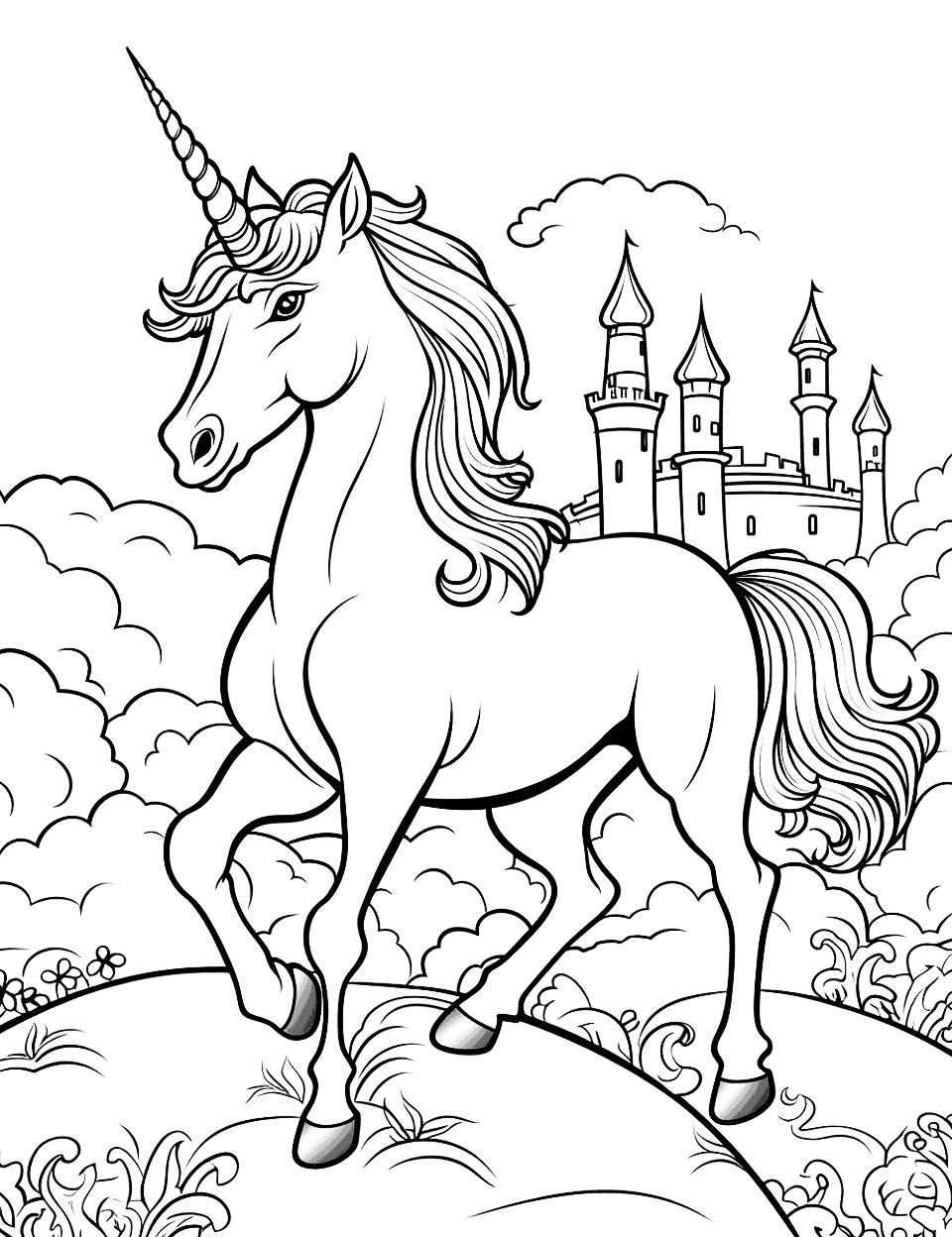 Unicorn in a Fairy Tale Coloring Page - A unicorn starring in a fairy tale, with a beautiful castle in the background.