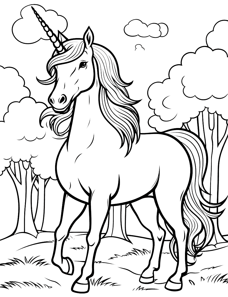 Realistic Unicorn Coloring Page - A coloring page featuring a realistic-looking unicorn standing in a forest, looking majestic and powerful.