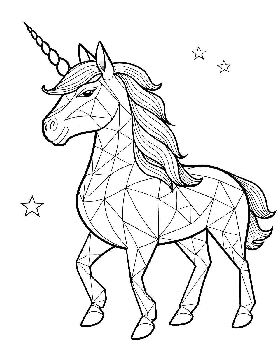 Unicorn and Origami Coloring Page - A unicorn with origami-style folded paper patterns for an interesting geometric coloring challenge.