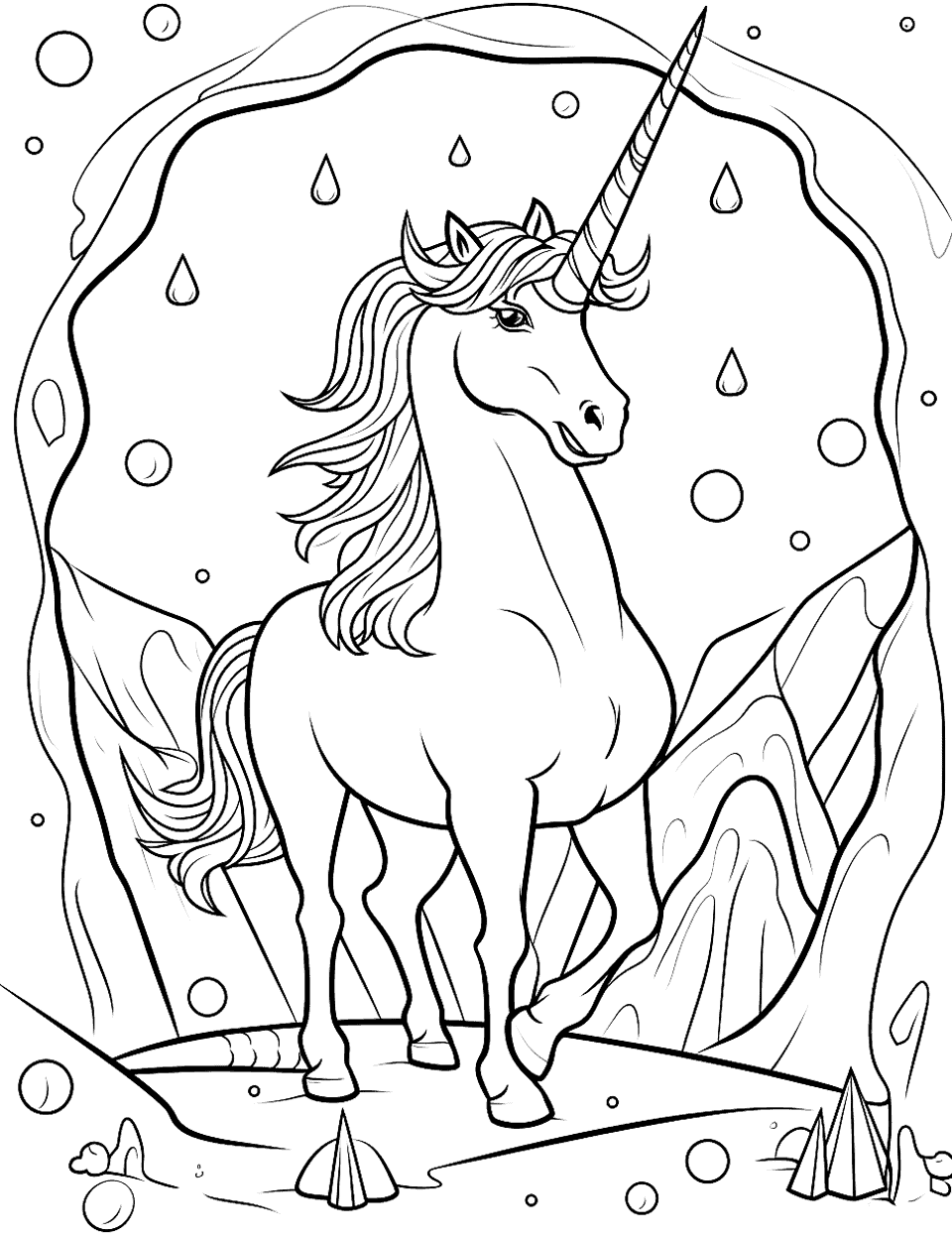 Unicorn and the Crystal Cave Coloring Page - A unicorn in a crystal cave, surrounded by glowing crystals and stalactites.