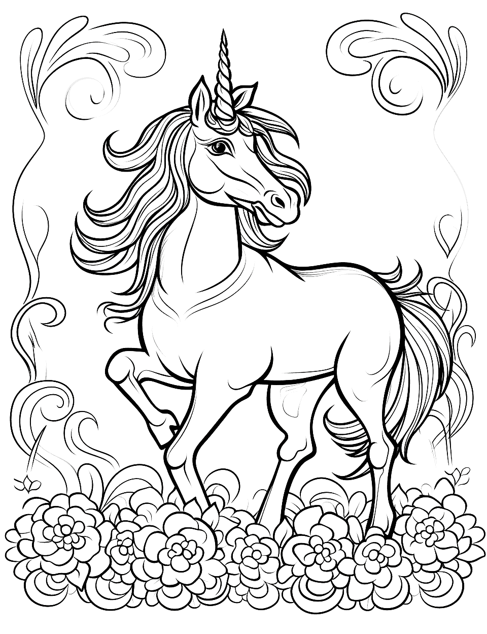 Art Nouveau Unicorn Coloring Page - An Art Nouveau-inspired unicorn with flowing lines, floral patterns, and decorative borders.