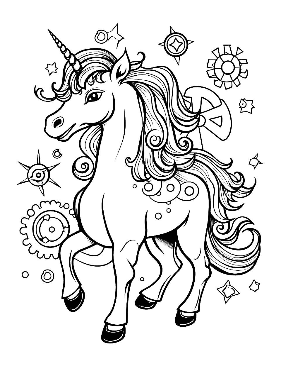 Steampunk Unicorn Coloring Page - A steampunk-inspired unicorn with gears, cogs, and other steampunk elements for a vintage industrial feel.