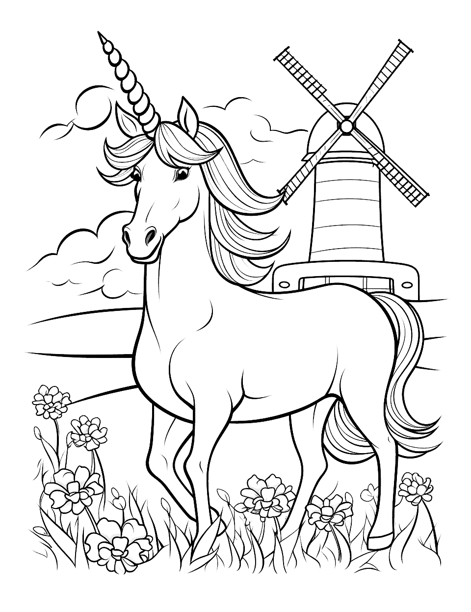 Unicorn and Windmills Coloring Page - A unicorn in a Dutch setting, surrounded by tulips and windmills.