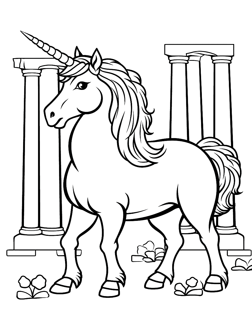 Unicorn and Roman Architecture Coloring Page - A unicorn in front of a Roman column.