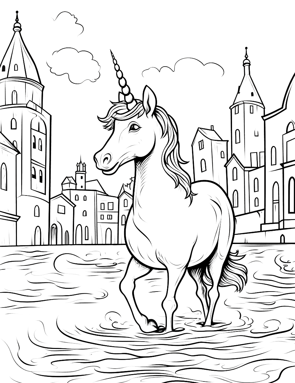Unicorn in Venice Coloring Page - A unicorn walking on a water surface with Venetian buildings in the background.