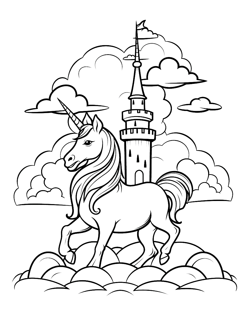 Unicorn and the Cloud Castle Coloring Page - A unicorn on a cloud, looking at a grand castle made of clouds.