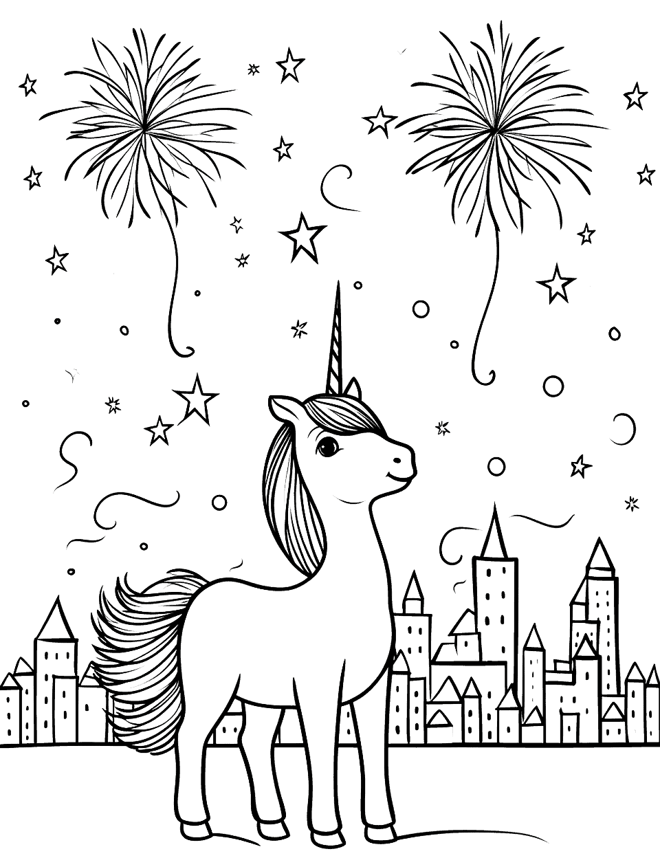 Unicorn and Fireworks Coloring Page - A unicorn watching a spectacular fireworks display in the night sky.