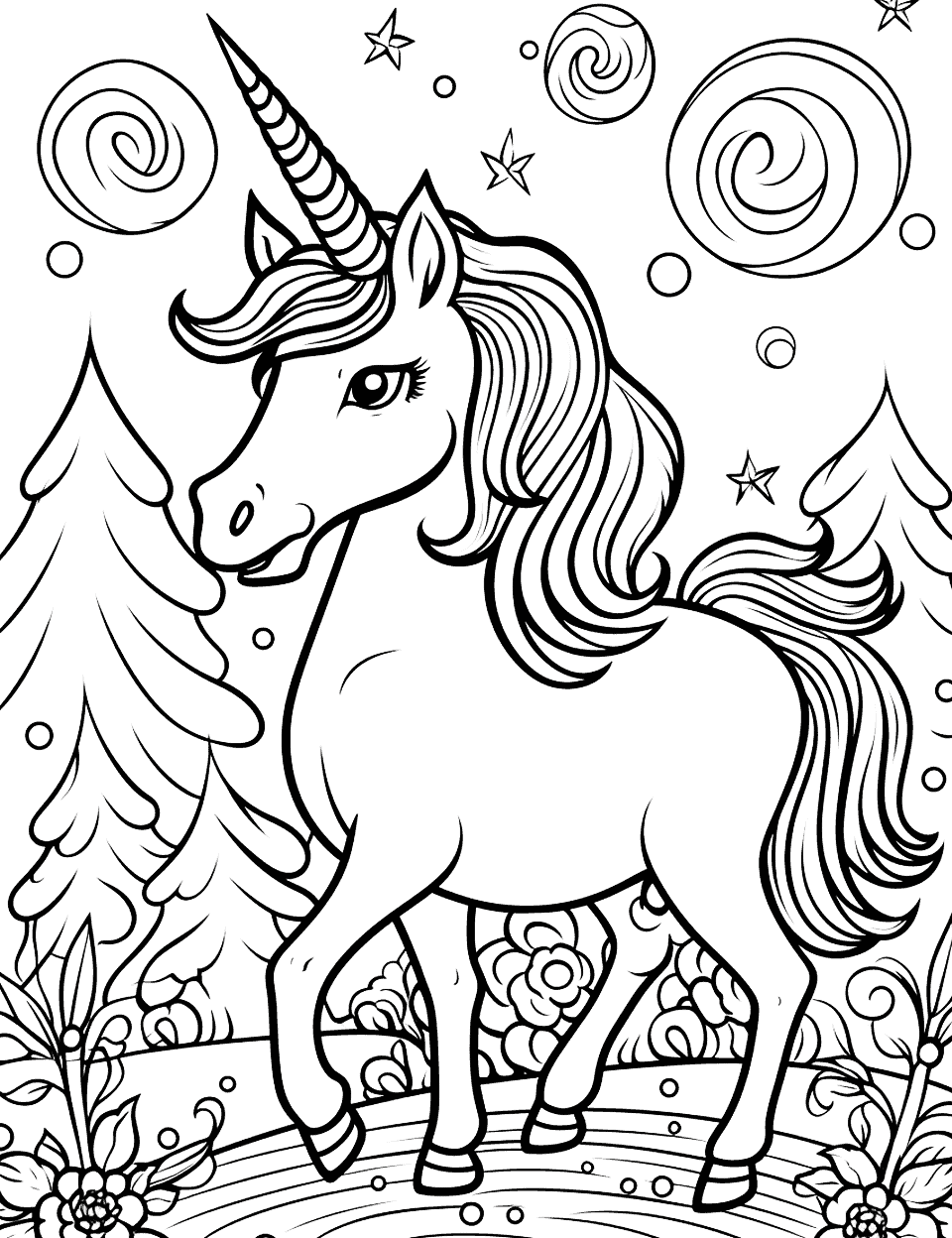 Unicorn and the Forest Coloring Page - A unicorn exploring a forest.
