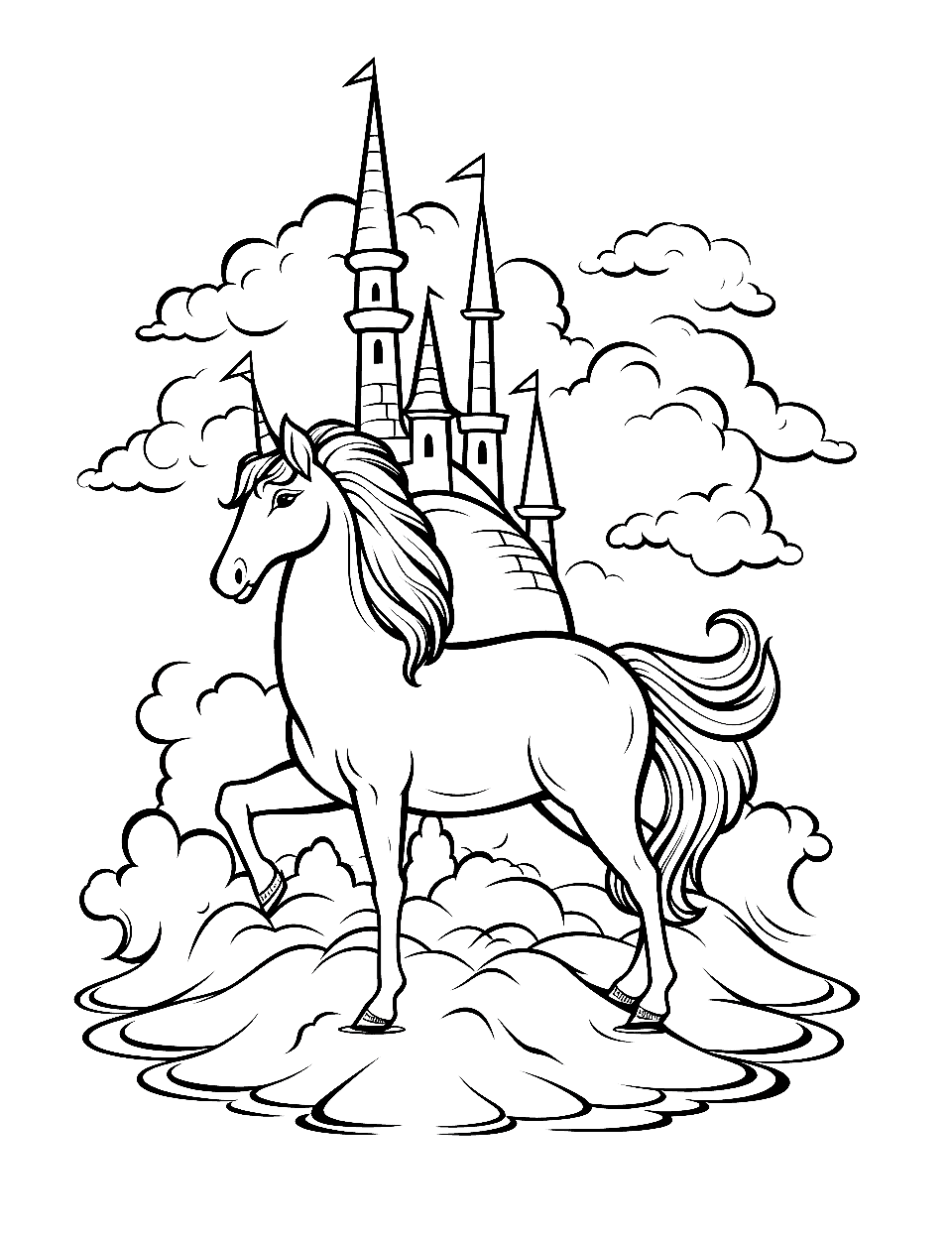 Unicorn and the Floating Island Coloring Page - A unicorn on a floating island with a castle in the background.