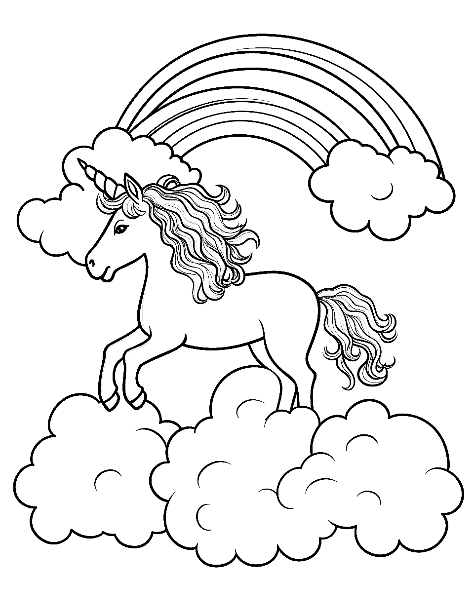Unicorn and a Rainbow Coloring Page - A unicorn sliding down a rainbow, with clouds and sky in the background.