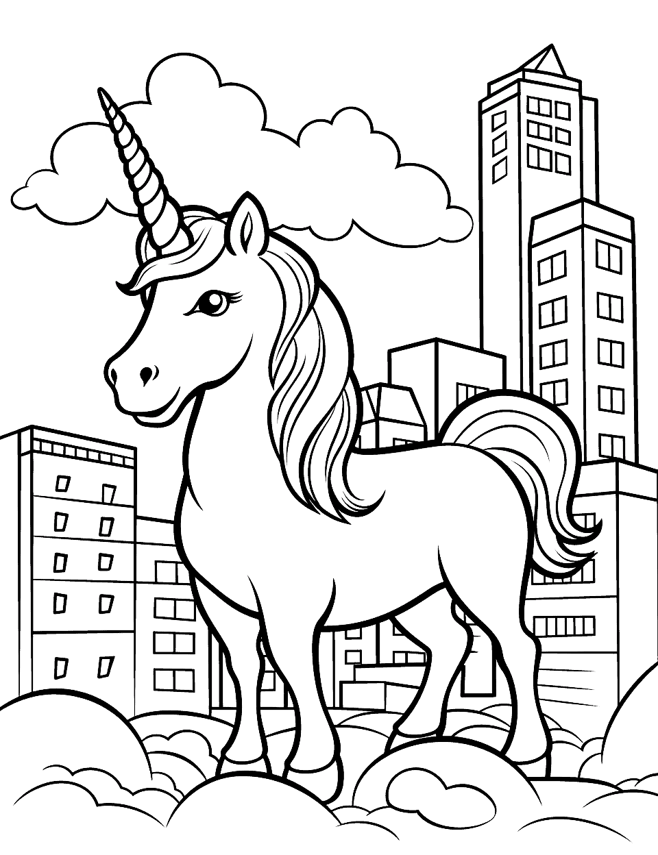 Unicorn and Street Art Coloring Page - A unicorn in an urban setting, with the cityscape.