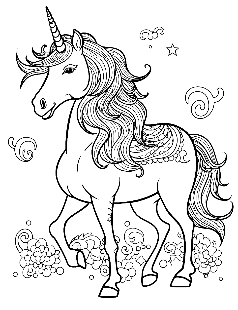 Unicorn and Tribal Art Coloring Page - A unicorn with tribal patterns, surrounded by tribal motifs and symbols for a cultural coloring experience.