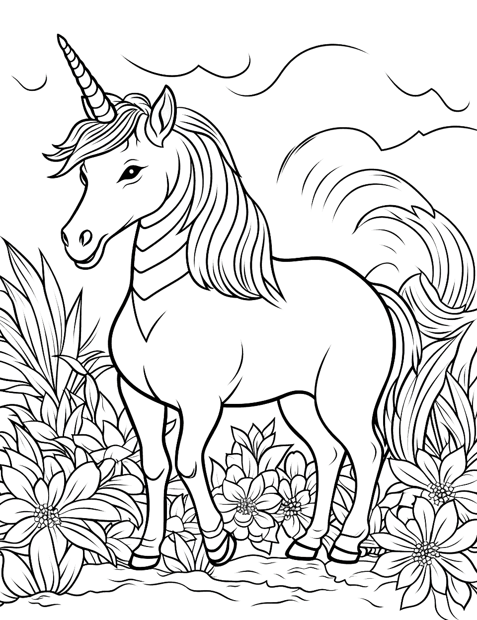 Unicorn in the Rainforest Coloring Page - A unicorn exploring a dense rainforest with various tropical plants.