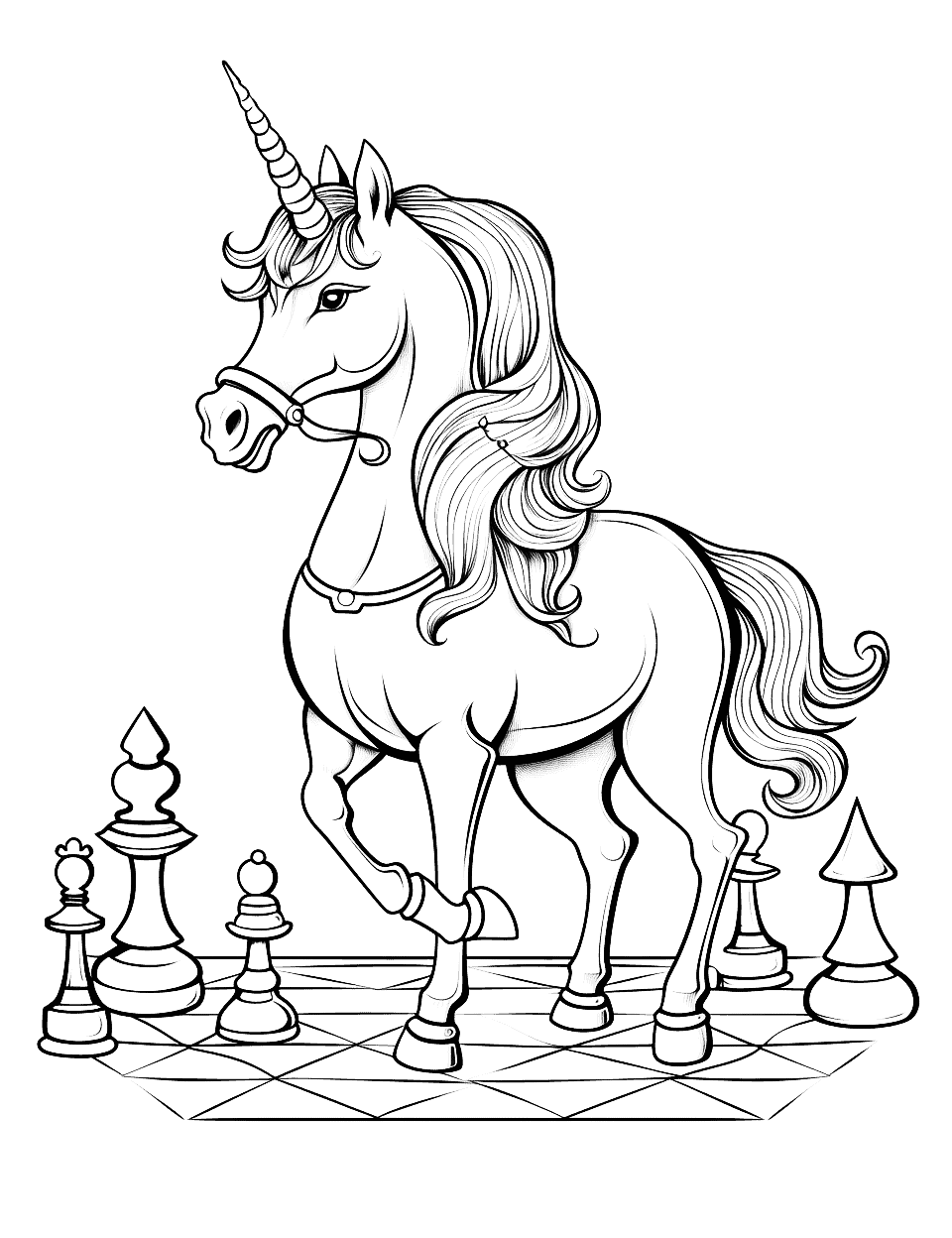 Unicorn and Chess Coloring Page - A unicorn playing a game of chess with detailed chess pieces and a chessboard.