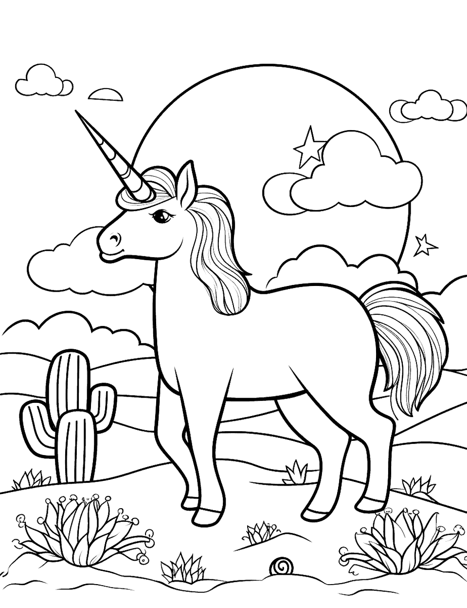 Unicorn and Cactus Coloring Page - A desert scene with a unicorn and cacti, with a setting sun in the background.