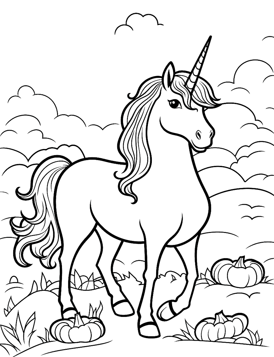 Unicorn and Pumpkin Patch Coloring Page - A unicorn exploring a pumpkin patch, perfect for a fall or Halloween-themed coloring page.