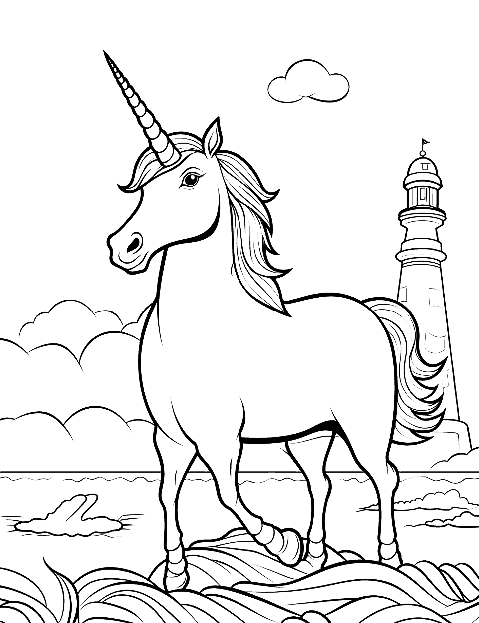 Unicorn and Lighthouse Coloring Page - A unicorn near a coastal setting, with a lighthouse and the ocean in the background.